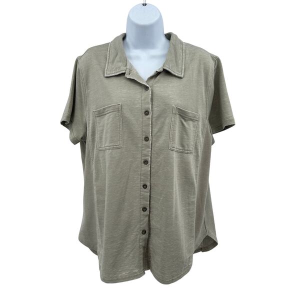 Jane & Delancey Shirt WMNS XL Green Vintage Look Button Up Short Sleeve Pocket - Picture 1 of 11